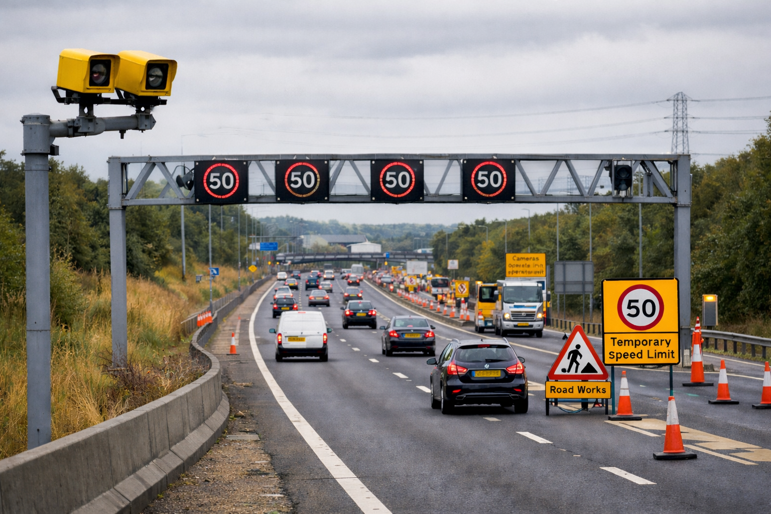 UK Roads showing speed camera enforcements, variable speed limits and road works